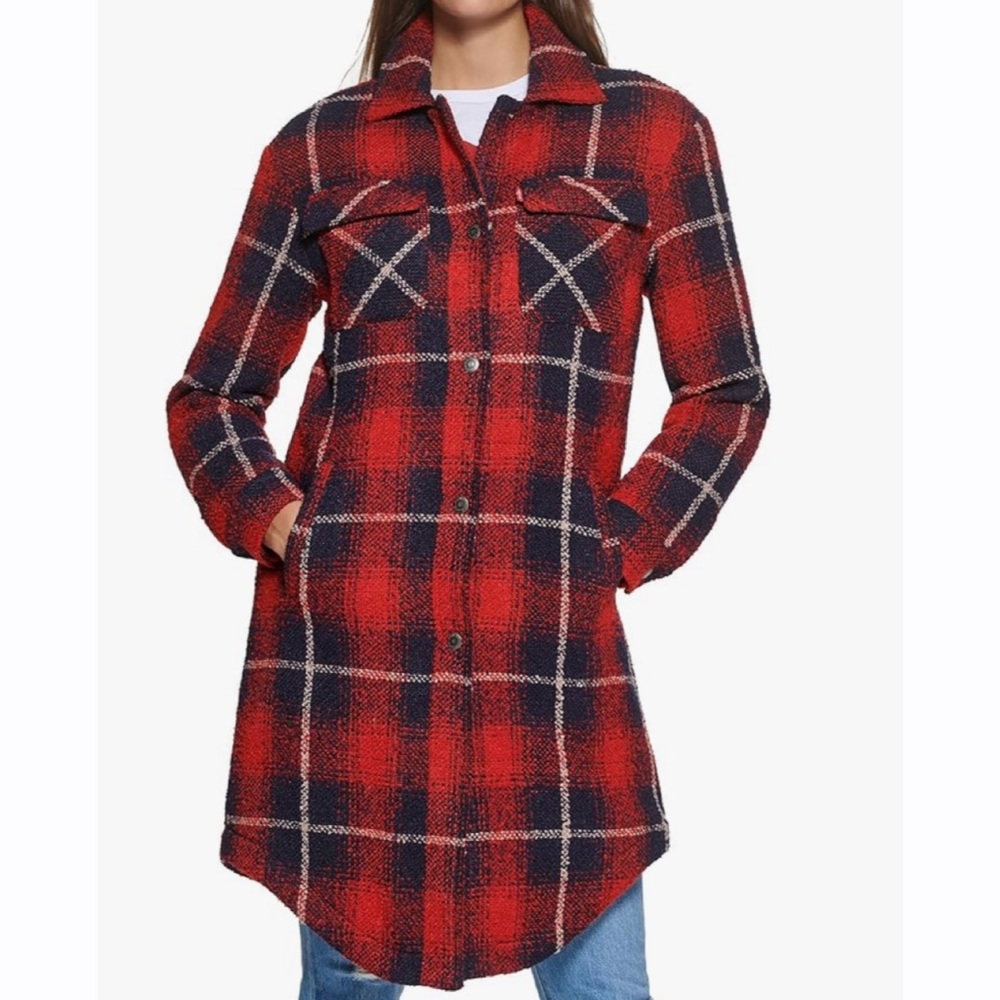 Levi's Red Navy Plaid Long Shacket Coat Women's Large Shirt Jacket Fall‎ NEW